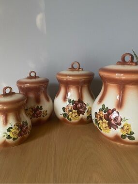 Vintage Arnel’s Ceramic Floral Canister Set Brown and Cream 1970s